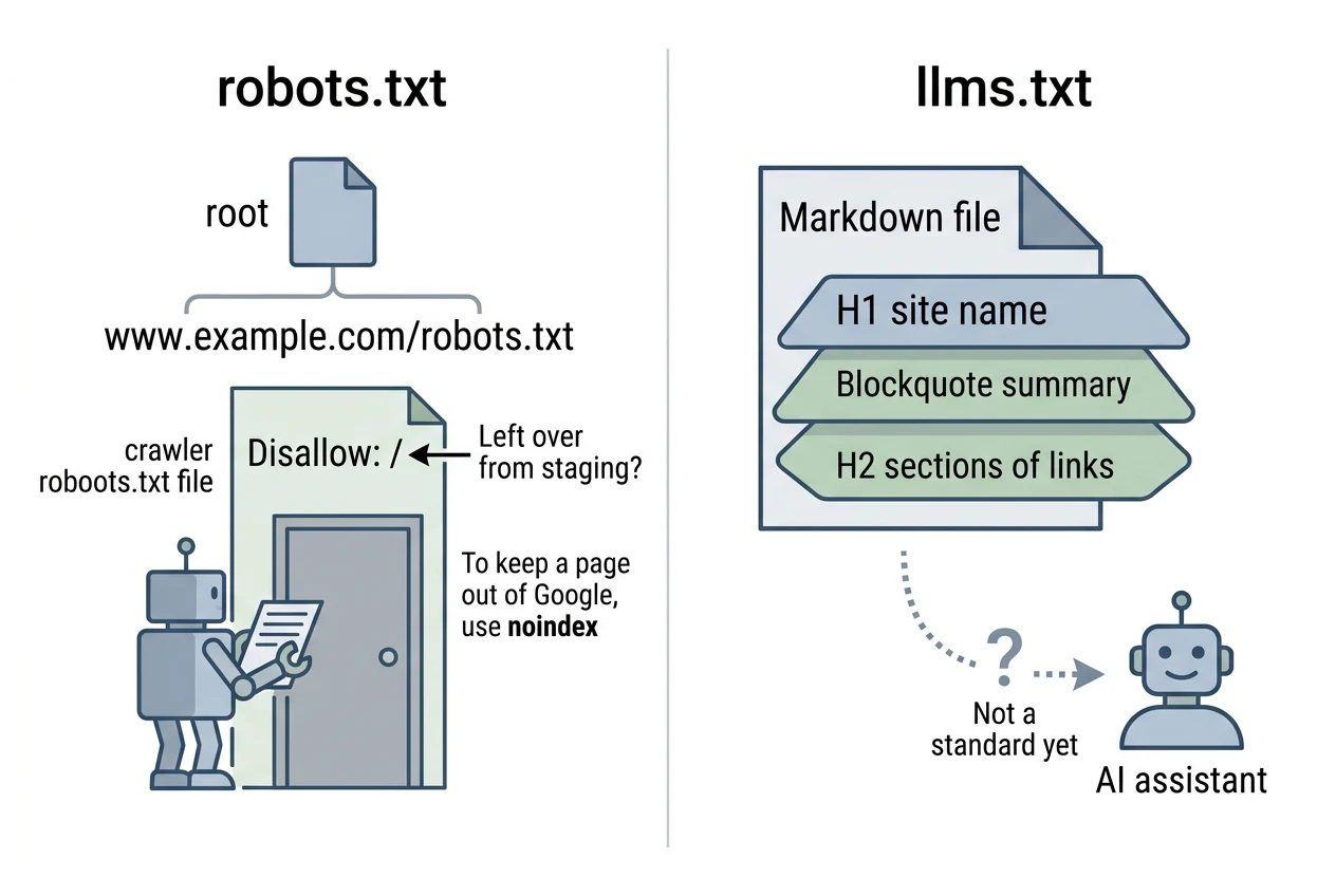 Two-panel diagram. The robots.txt panel shows the file at the root of a site, a crawler reading it, a warning about a leftover Disallow slash line from staging, and a note to use noindex. The llms.txt panel shows a Markdown file with a site name heading, a summary quote and sections of links, with an uncertain dotted arrow to an AI assistant.