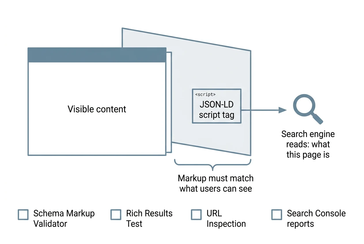 Diagram of a web page with a visible content layer and a hidden JSON-LD script tag that a search engine reads. The markup must match the visible content. Below, four checking tools are listed: Schema Markup Validator, Rich Results Test, URL Inspection and Search Console reports.