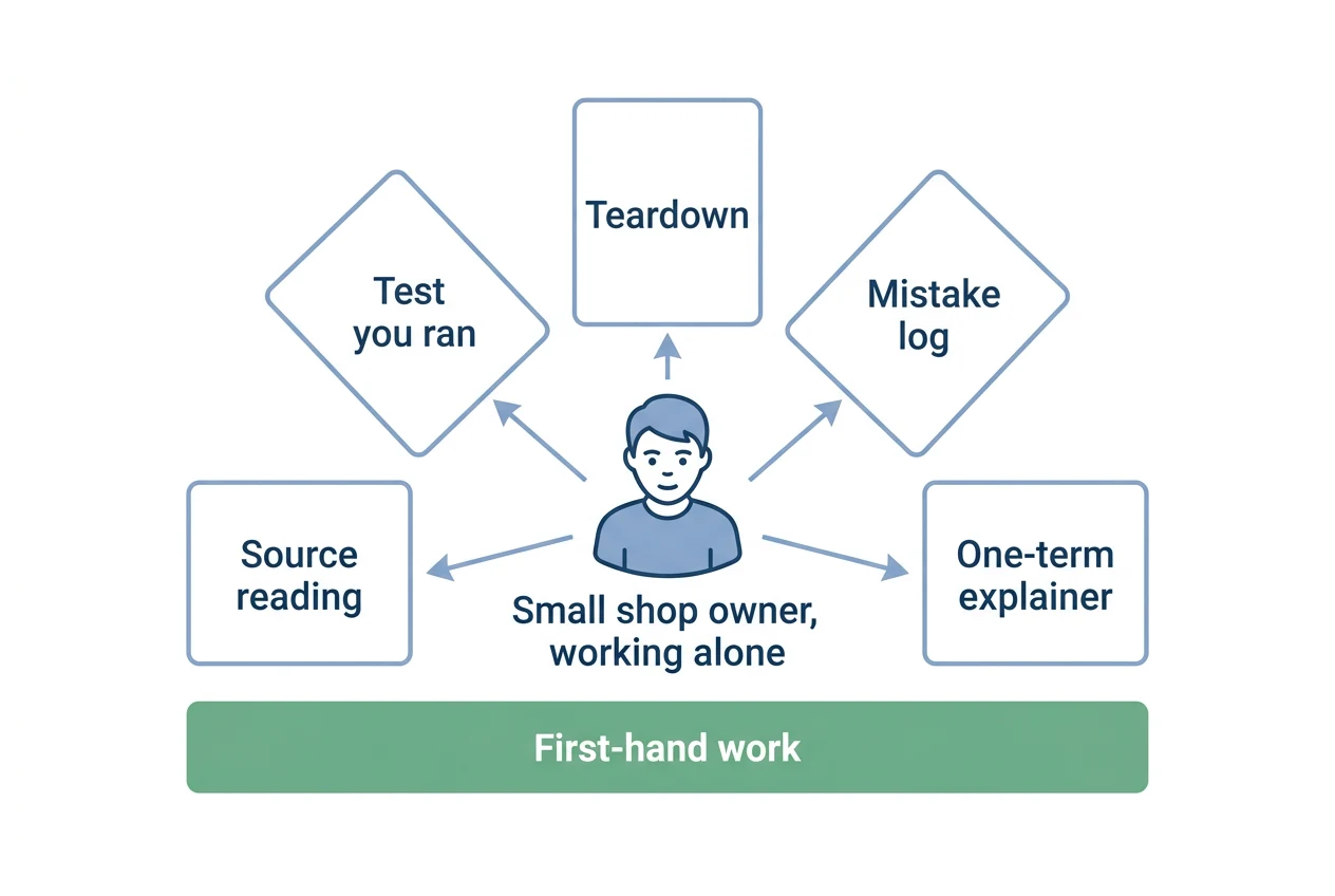 Diagram with a small shop owner at the centre and five post types around them: test you ran, teardown, mistake log, one-term explainer and source reading. A bar beneath all five reads first-hand work.