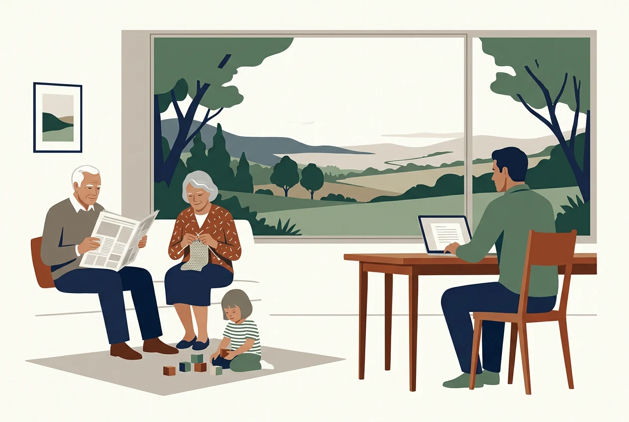 A man works remotely on a laptop in a green, open setting away from the city, with his parents and young child nearby in the same home.