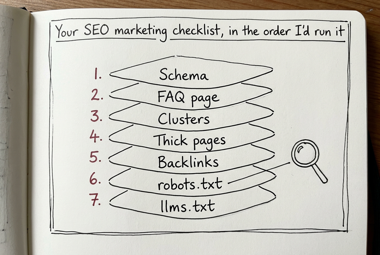 Layer diagram: Run the seven checks in this order. 1. Schema, 2. FAQ page, 3. Clusters, 4. Thick pages, 5. Backlinks, 6. robots.txt, 7. llms.txt