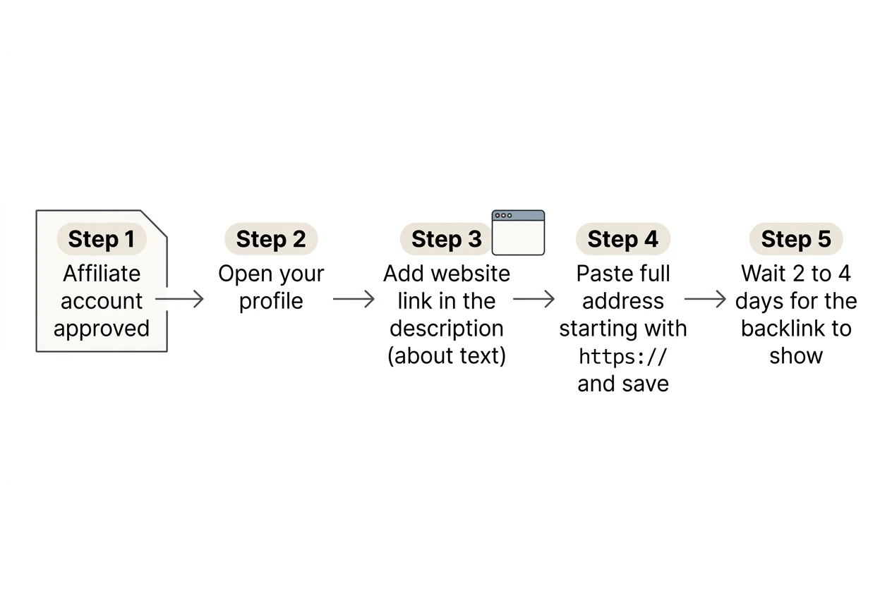 A five-step flow: affiliate account approved, open your profile, add your website link in the description, paste the full https address and save, then wait 2 to 4 days for the backlink to appear.