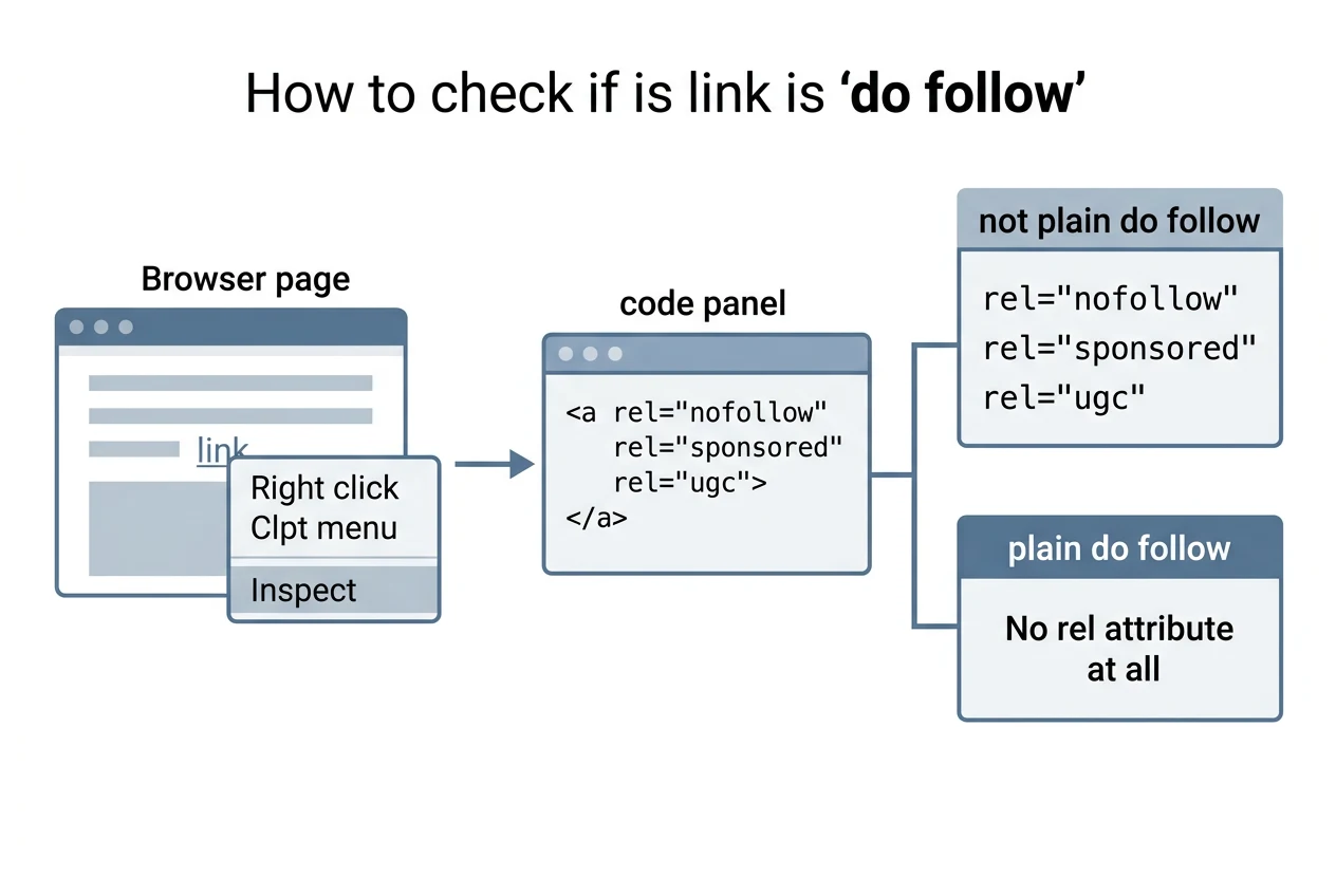 A diagram of checking a link: right-click the link and choose Inspect, then read the a tag. If it has rel nofollow, sponsored or ugc it is not a plain do follow link. If there is no rel attribute, it is.