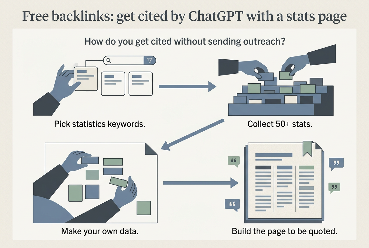 Flow diagram: Four steps to a page writers want to quote. Pick statistics keywords, Collect 50+ stats, Make your own data, Build the page to be quoted