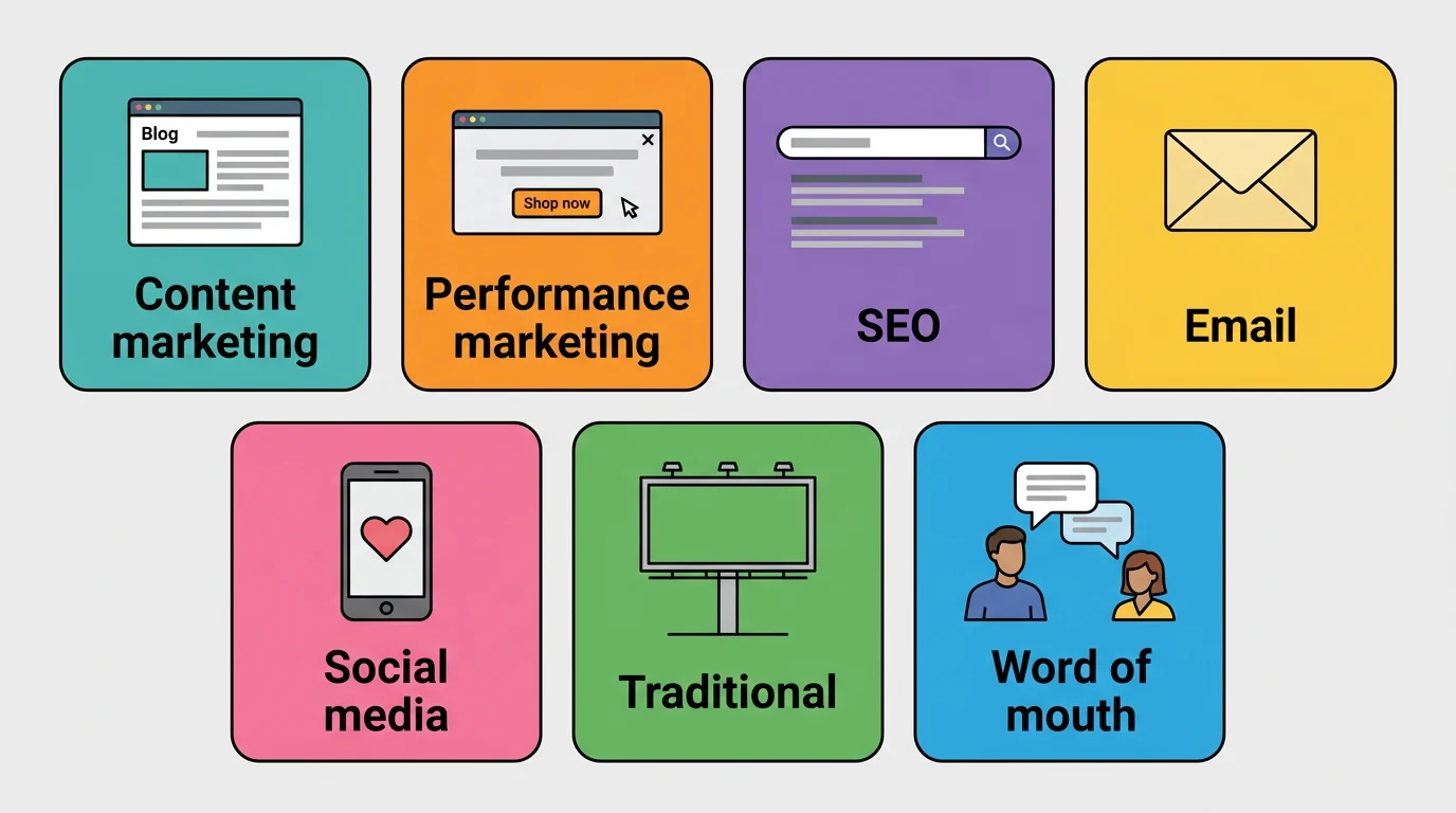 Seven example cards, one per marketing type: a how-to blog article for content marketing, a banner ad for performance marketing, a search bar for SEO, an envelope for email, a phone for social media, a roadside billboard for traditional marketing and two people talking for word of mouth.