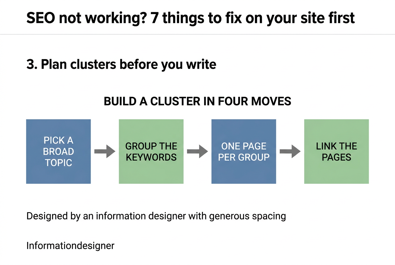 Flow diagram: Build a cluster in four moves. Pick a broad topic, Group the keywords, One page per group, Link the pages