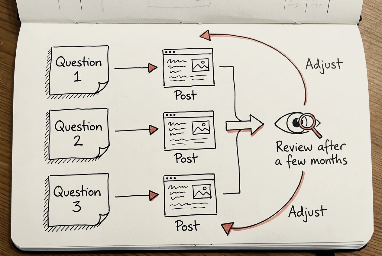 Notebook sketch of three customer questions each turning into a post, followed by a review after a few months and an adjustment loop.