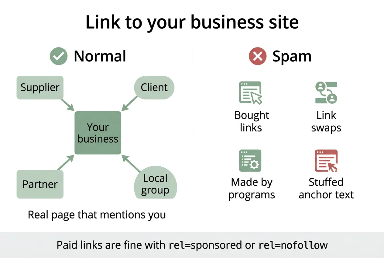 Comparison diagram. On one side, normal links from a supplier, client, partner and local group to a business. On the other, spam links: bought links, link swaps, links made by programs and stuffed anchor text. A banner says paid links are fine with rel=sponsored or rel=nofollow.
