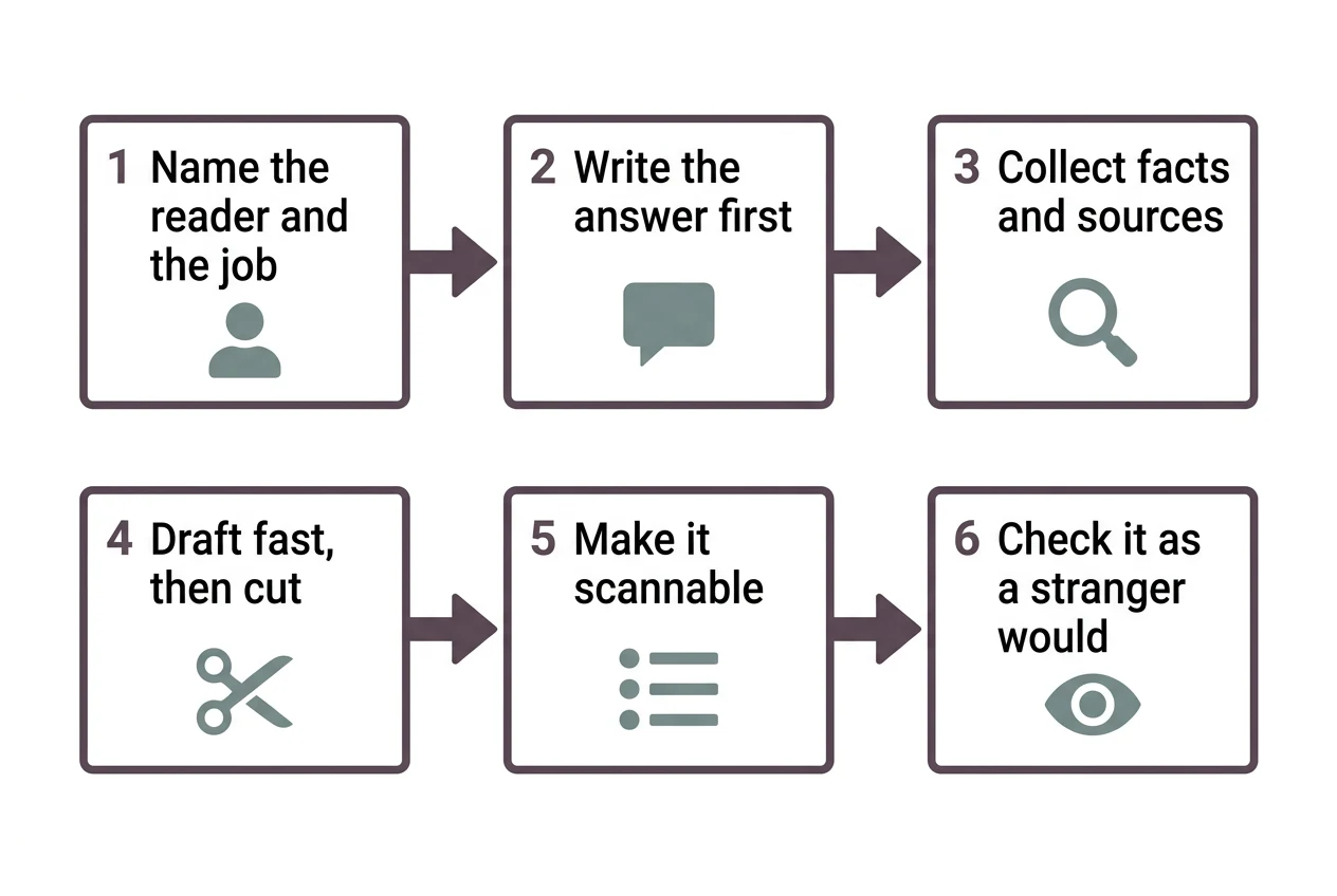A six-step flow diagram for writing any piece: name the reader and the job, write the answer first, collect facts and sources, draft fast then cut, make it scannable, and check it as a stranger would.