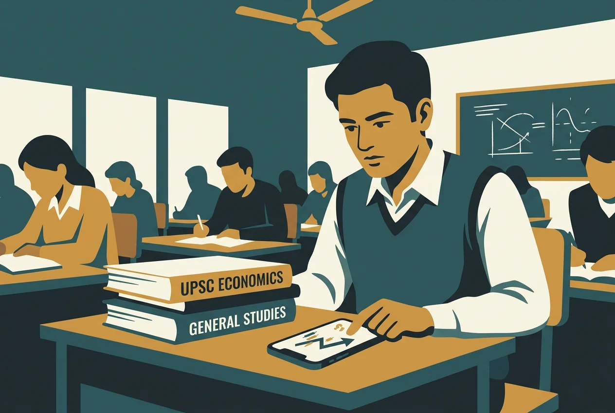 A student in a Delhi classroom has UPSC books on his desk next to a phone showing crypto trading charts, caught between exam prep and a growing interest in crypto.