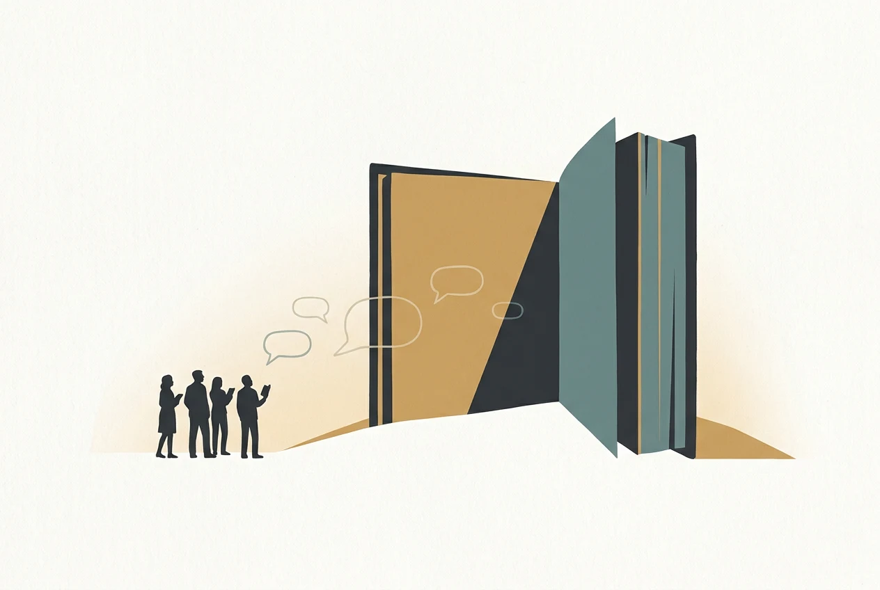 An editorial illustration of an open book standing upright, with faint speech bubble shapes drifting toward it from a small crowd of distant silhouetted readers, rather than dream clouds rising from the book. The scene is lit in warm, calm evening light.