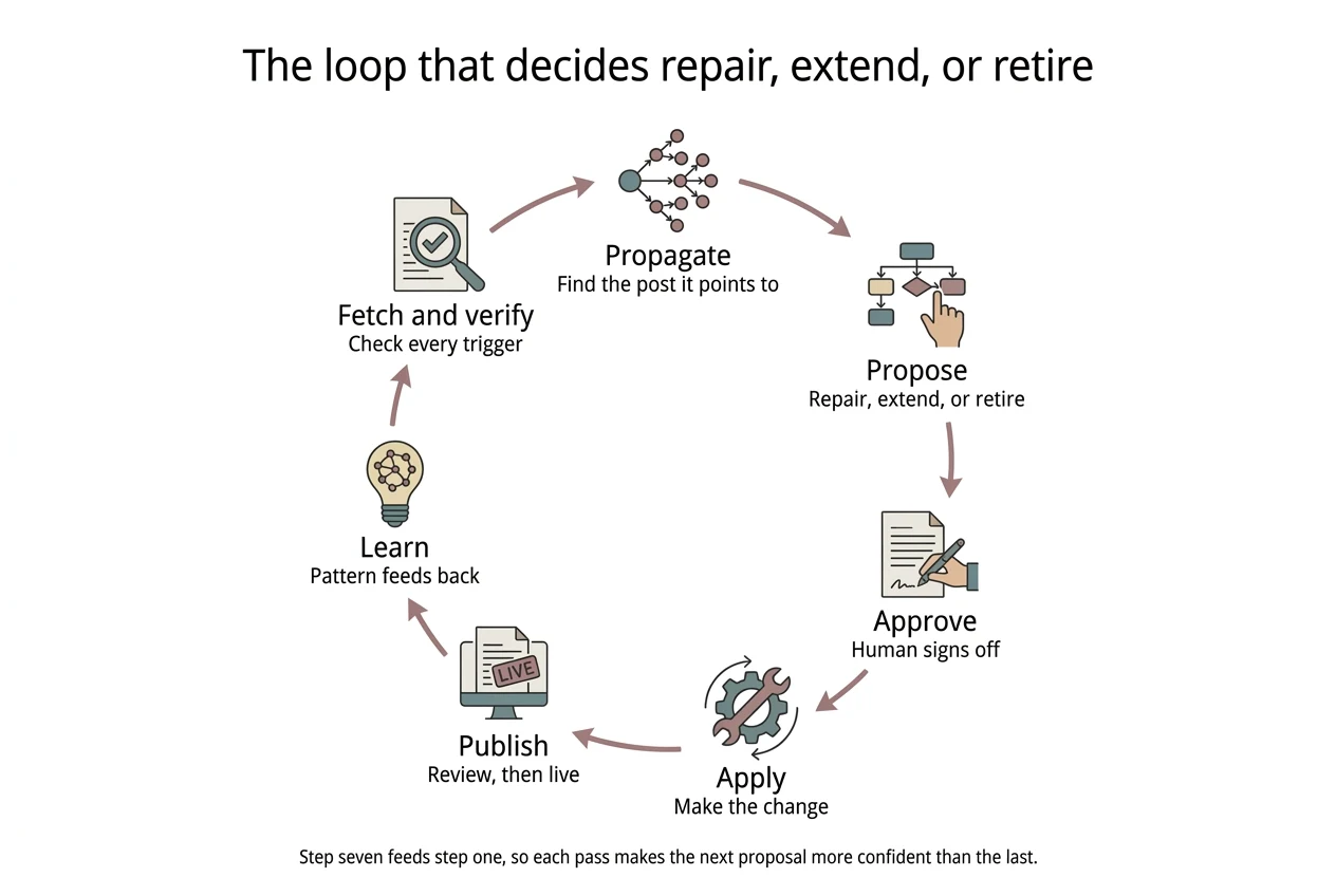 Cycle diagram: The loop that decides repair, extend, or retire. Fetch and verify, Propagate, Propose, Approve, Apply, Publish, Learn