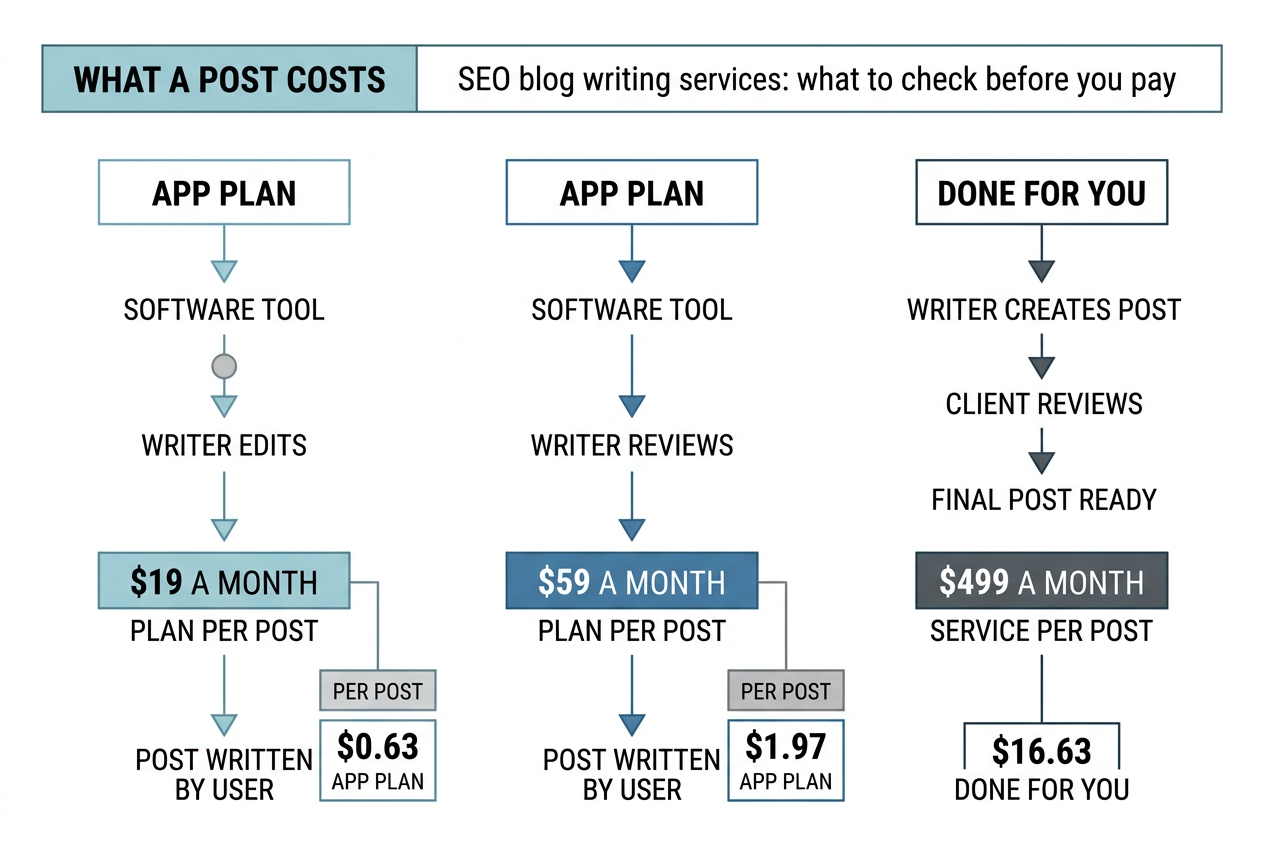 Diagram: Per post, the plans span about $16. 0.63 App plan, $19 a month, 1.97 App plan, $59 a month, 16.63 Done For You, $499 a month