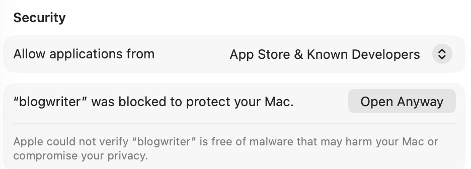 The Security section of Privacy & Security: blogwriter was blocked to protect your Mac, with an Open Anyway button.