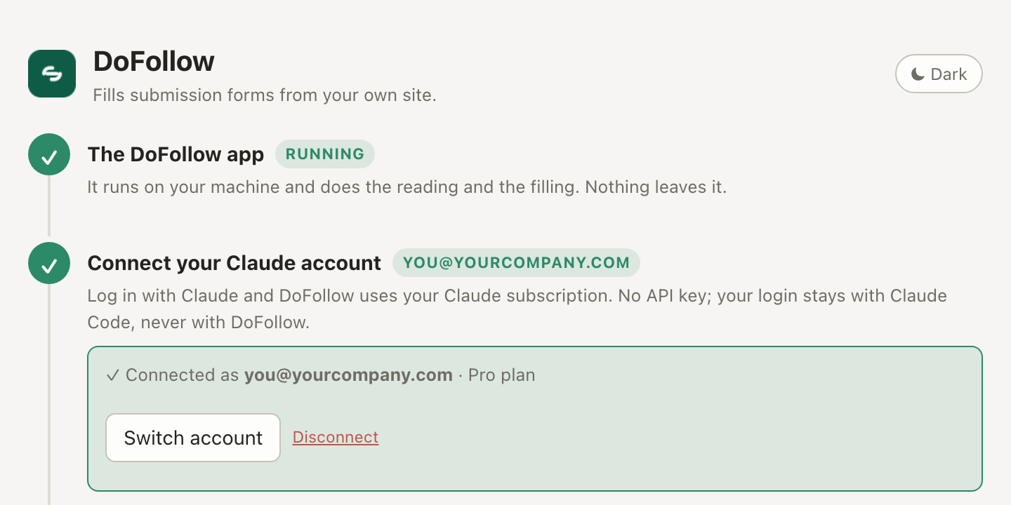 The DoFollow Setup page with the app Running and the Claude account connected.
