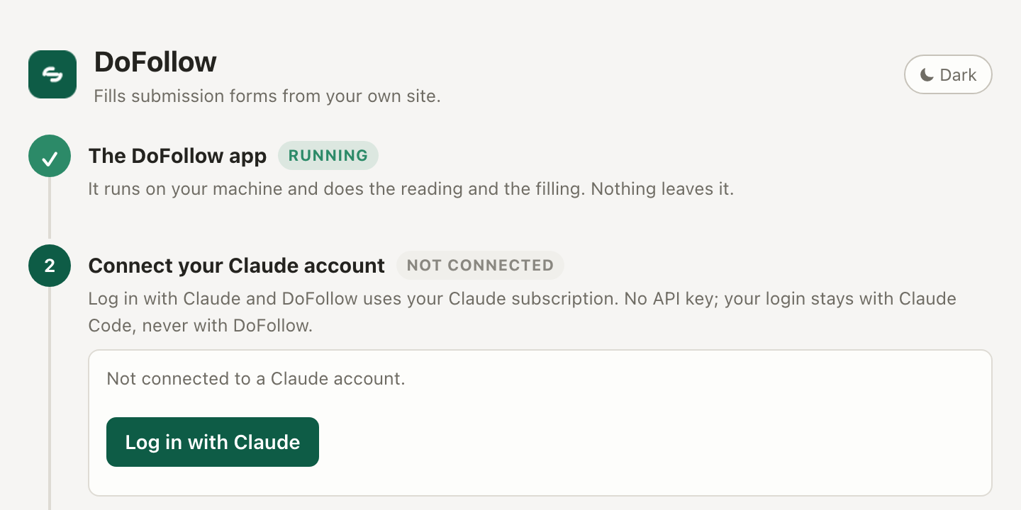 The DoFollow Setup page: the app is Running, and a Log in with Claude button under Connect your Claude account.